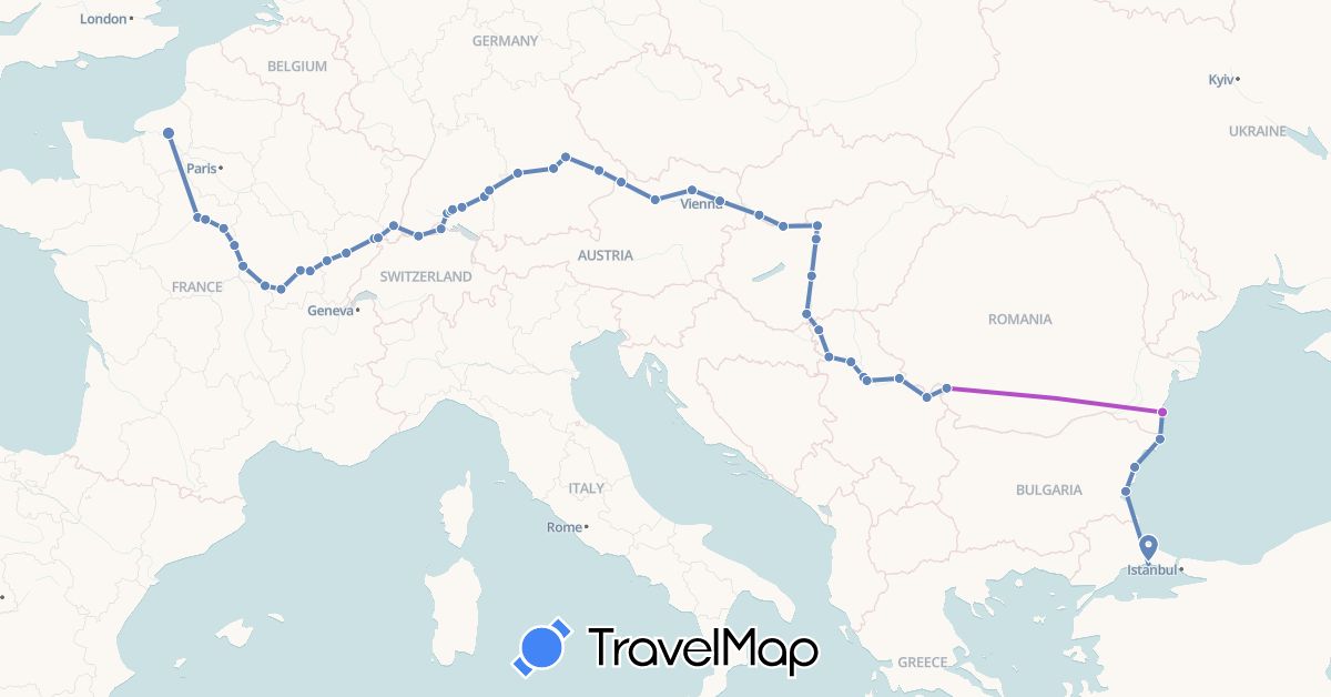 TravelMap itinerary: driving, cycling, train in Austria, Bulgaria, Switzerland, Germany, France, Hungary, Romania, Serbia, Slovakia, Turkey (Asia, Europe)
